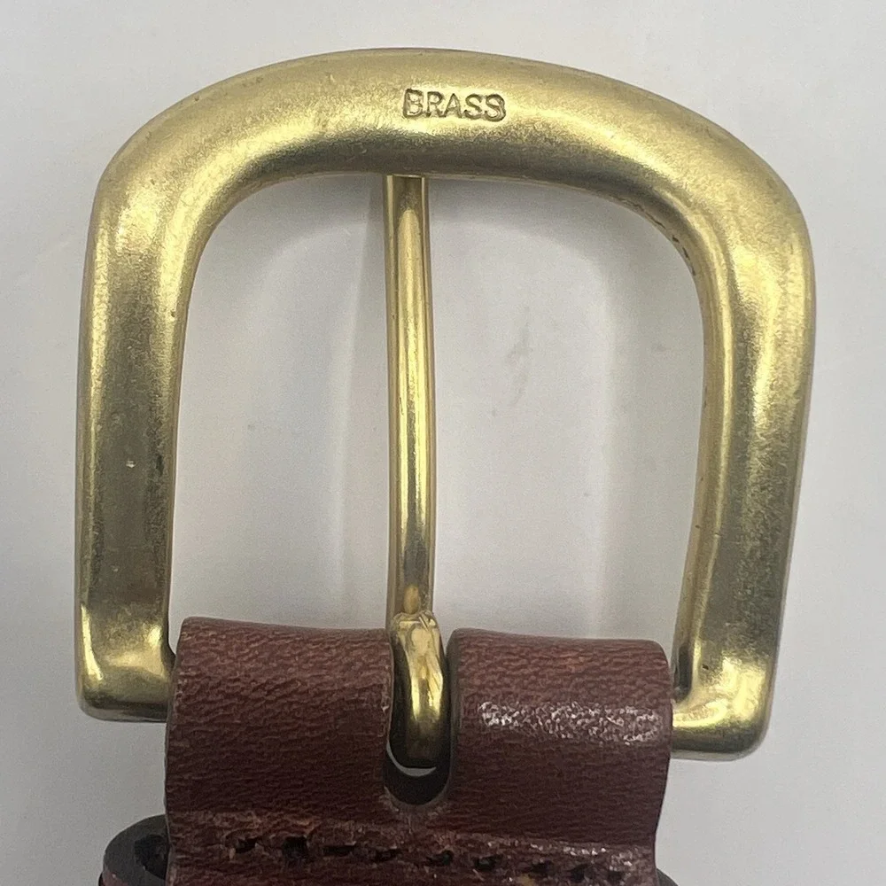 Remington Ribbed Italian Leather‎ Brass Buckle Belt Sz 32 Brown Whipstich Detail
